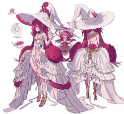 Rule 34 | 1girl, absurdres, armband, armpit crease, back, bare shoulders, blush, bow, character name, character sheet, chibi, choker, cleavage cutout, closed mouth, clothing cutout, cup, detached sleeves, earrings, eyes visible through hair, flower, freng, frills, gem, hair between eyes, hat, hat flower, hatching (texture), heart, heart cutout, high heels, highres, holding, holding cup, jewelry, large hat, crossed legs, living clothes, long hair, multiple views, navel, open mouth, original, pink eyes, plate, purple flower, purple hair, purple rose, rose, rose witch (freng), saliva, saliva trail, sharp teeth, simple background, sitting, slit pupils, smile, standing, star (symbol), star earrings, tea, teeth, tongue, tongue out, turtleneck, very long hair, white background, white bow, white choker, white flower, white headwear, witch, witch hat