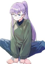 Rule 34 | 1girl, barefoot, blue eyes, blue pants, blush, breasts, coffeekite, contemporary, denim, fate/extra, fate/extra ccc, fate (series), feet, glasses, green sweater, highres, jeans, long hair, long sleeves, looking at viewer, meltryllis (fate), pants, ponytail, purple hair, small breasts, smile, squatting, sweater, very long hair
