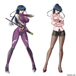 Rule 34 | 00s, 1girl, 2008, alternate costume, arm grab, bare shoulders, black bra, black pantyhose, blue hair, bodysuit, boots, bra, breast hold, breasts, brown thighhighs, casual, character sheet, choker, cleavage, collarbone, copyright name, covered erect nipples, crossed arms, dress shirt, dual persona, elbow gloves, female focus, fishnets, full body, gloves, green eyes, hair between eyes, hair ribbon, head tilt, high heels, hip focus, holding, igawa asagi, impossible clothes, kagami hirotaka, katana, large breasts, legs, lingerie, long hair, long legs, looking at viewer, miniskirt, ninja, official art, open clothes, open shirt, pantyhose, pencil skirt, plugsuit, purple bodysuit, ribbon, shirt, shoes, simple background, skin tight, skirt, standing, sword, taimanin (series), taimanin asagi, thigh boots, thighhighs, thighs, turtleneck, underwear, watermark, weapon, white background
