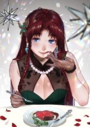 Rule 34 | 1girl, bad id, bad pixiv id, bare shoulders, black gloves, blue eyes, braid, breasts, butterfly hair ornament, cleavage, cleavage cutout, clothing cutout, commentary request, dress, earrings, eating, fishnet gloves, fishnets, food, fork, gloves, gradient background, green dress, grey background, hair ornament, holding, holding fork, hong meiling, jewelry, kamiyama aya, large breasts, licking lips, long hair, looking at viewer, necklace, ornament, parted bangs, pearl necklace, petals, pink lips, pov, red hair, rose petals, shiny skin, signature, sitting, sleeveless, sleeveless dress, solo, sparkle, steak, table, tablecloth, tongue, tongue out, touhou, twin braids, upper body, very long hair