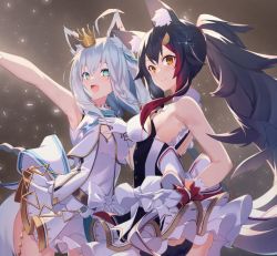 Rule 34 | 2girls, ahoge, animal ears, arm up, armpits, ass, bare shoulders, black hair, bow, braid, breasts, closed mouth, collared dress, cowboy shot, crown, dress, dress bow, flat chest, fox ears, fox girl, fox tail, from side, gloves, green eyes, grey eyes, hair strand, hand on own chest, hand up, hololive, long hair, looking at viewer, looking to the side, medium breasts, messy hair, multicolored clothes, multicolored dress, multiple girls, ninsaki (9saki), ookami mio, open mouth, ponytail, shirakami fubuki, sidelocks, simple background, sleeveless, smile, sparkle, standing, sweat, sweatdrop, tail, thighs, tongue, very long hair, virtual youtuber, white bow, white gloves, white hair, wrist straps, wristband