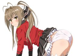 Rule 34 | 10s, 1girl, all fours, amagi brilliant park, antenna hair, ass, back, black skirt, blazer, blush, breasts, brown hair, clothes lift, cowboy shot, embarrassed, frills, from side, frown, grey hair, hair intakes, hair ribbon, high ponytail, highres, jacket, jpeg artifacts, kekke, long hair, long sleeves, looking at viewer, looking back, panties, petticoat, pleated skirt, ponytail, raised eyebrows, ribbon, sento isuzu, sidelocks, simple background, skirt, skirt lift, solo, split ponytail, striped, sweat, sweatdrop, thighhighs, underwear, uniform, white background, white panties, white thighhighs, yellow eyes
