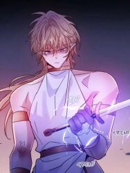 Rule 34 | 1boy, blonde hair, closed mouth, dark fall, english text, hand up, leon (dark fall), long hair, looking at viewer, looking down, purple eyes, serious, shirt, solo, sword, weapon, white shirt, white sleeves