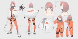 Rule 34 | 1girl, :d, ahoge, bad id, bad twitter id, bodysuit, bodysuit under clothes, brown hair, character sheet, commentary request, eyes visible through hair, grey background, hair ornament, hairclip, highres, jacket, looking at viewer, machi (wm), medium hair, multiple views, open mouth, orange bodysuit, original, shoes, smile, sneakers, spacesuit, translation request, tube