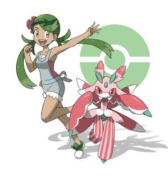 Rule 34 | 1girl, :d, arm up, armpits, bad id, bad pixiv id, bare arms, bare shoulders, breasts, bug, clenched hand, collarbone, creatures (company), dark-skinned female, dark skin, flower, full body, game freak, gen 7 pokemon, green footwear, hair flower, hair ornament, headband, highres, leg up, long hair, looking at viewer, looking away, looking to the side, lurantis, mallow (pokemon), nintendo, official style, open mouth, orchid mantis, outstretched arm, overalls, parted bangs, pink shirt, poke ball, pokemon, pokemon (creature), pokemon sm, pouch, praying mantis, running, shadow, shirt, shoes, small breasts, smile, strapless, striped, suspenders, tareme, teeth, tellzeta, tongue, trial captain, twintails