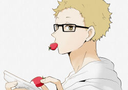 Rule 34 | 1boy, blonde hair, brown eyes, food, fruit, glasses, haikyuu!!, highres, holding, holding plate, looking at viewer, male focus, mouth hold, plate, portrait, shirt, solo, strawberry, tomopiko 1224, tsukishima kei, white shirt