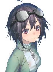 Rule 34 | 1girl, ahoge, black hair, blush, goggles, goggles on head, izumi sai, original, red eyes, short hair, simple background, smile, solo, track suit, upper body, white background, zipper