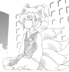 Rule 34 | 1girl, animal hat, barefoot, closed eyes, dress, female focus, fox tail, greyscale, hands on lap, hat, indian style, long sleeves, mob cap, monochrome, multiple tails, mob cap, short hair, sitting, solo, tabard, tail, tassel, touhou, white dress, yakumo ran