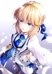 Rule 34 | 1girl, ahoge, arthur pendragon (fate), arthur pendragon (fate) (cosplay), arthur pendragon (white rose) (fate), artoria pendragon (all), artoria pendragon (fate), blonde hair, blue necktie, blue ribbon, blush, buttons, commentary request, cosplay, fate/grand order, fate (series), formal, green eyes, hair ribbon, hane yuki, highres, jewelry, lapel pin, lapels, long hair, looking at viewer, multicolored clothes, necktie, parted lips, pendant, ribbon, saber (fate), solo, suit, vest, white background, white suit