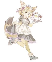 Rule 34 | 10s, 1girl, alternate costume, animal ear fluff, animal ears, apron, blonde hair, bow, bowtie, commentary request, cup, curtsey, dress, enmaided, fennec (kemono friends), fox ears, fox tail, fur trim, gloves, kemono friends, kemono friends festival, konabetate, maid, maid apron, maid headdress, short hair, solo, tail, teacup, teapot, thighhighs, tray