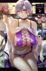 Rule 34 | 1girl, alternate costume, aqua nails, azur lane, bare shoulders, bikini, black choker, blush, bottle, breasts, chair, choker, cleavage, commentary request, earrings, flower, highres, jewelry, large breasts, looking at viewer, nail polish, pantyhose, parted lips, purple bikini, purple eyes, reno (azur lane), reno (summer spin-off) (azur lane), see-through, short hair, signo aaa, silver hair, sitting, sweat, swimsuit, thighs, window