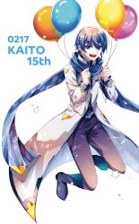 Rule 34 | 1boy, anniversary, balloon, belt, blouse, blue eyes, blue hair, blue legwear, blue pants, blue scarf, blue shirt, boots, character name, coat, commentary, crypton future media, dated, full body, headset, highres, holding, holding balloon, kaito (vocaloid), kaito (vocaloid3), knee boots, legs up, looking at viewer, male focus, open mouth, pants, scarf, shirayuki towa, shirt, smile, star (symbol), transparent background, vocaloid, white coat