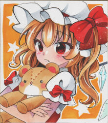 Rule 34 | 1girl, blonde hair, blush, closed mouth, crystal, fang, fang out, flandre scarlet, frilled sleeves, frills, frown, hat, holding, holding stuffed toy, maccha xxxxxx, marker (medium), medium hair, mob cap, one side up, orange background, puffy short sleeves, puffy sleeves, red eyes, red vest, shirt, short sleeves, solo, stuffed animal, stuffed toy, teddy bear, touhou, traditional media, upper body, vest, white hat, white shirt, wings