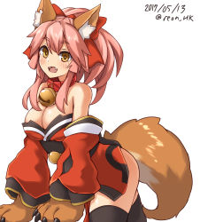 Rule 34 | 1girl, absurdres, animal ears, animal hands, bad id, bad pixiv id, bell, black thighhighs, blush, breasts, cleavage, collar, dated, fangs, fate/grand order, fate (series), fox ears, fox tail, hair ribbon, highres, large breasts, long hair, looking at viewer, neck bell, open mouth, pink hair, ribbon, simple background, solo, tail, tamamo (fate), tamamo cat (fate), tamamo cat (first ascension) (fate), tamamo no mae (fate/extra), thighhighs, white background, yellow eyes