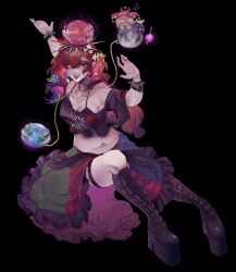 Rule 34 | 2girls, black background, black footwear, bracelet, breasts, cleavage, clothes writing, clownpiece, commentary, ear piercing, earth (ornament), english commentary, fangs, flower, flying sweatdrops, full body, hair flower, hair ornament, hat, hecatia lapislazuli, highres, jester cap, jewelry, looking at viewer, medium breasts, medium hair, moon (ornament), multicolored clothes, multicolored skirt, multiple girls, pendant, piercing, pointy ears, red eyes, red hair, simple background, skirt, souiine, spiked bracelet, spikes, touhou