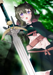 Rule 34 | 1girl, 1other, absurdres, alternate eye color, animal ears, belt, black fur, black hair, black skirt, blurry, blurry background, blush, bright pupils, brown belt, cape, cat ears, cat girl, chinese commentary, feet out of frame, fran (tensei shitara ken deshita), from below, gloves, grey gloves, hair between eyes, hand up, highres, leather belt, light blush, linea alba, looking at viewer, looking down, medium hair, midriff, navel, open mouth, purple eyes, shishou (tensei shitara ken deshita), skirt, stomach, sword, teeth, tensei shitara ken deshita, tongue, upper teeth only, weapon, white pupils, zhi pian