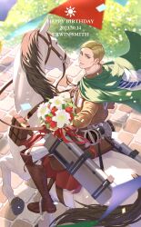 Rule 34 | 1boy, blonde hair, blue eyes, boots, bouquet, confetti, erwin smith, flower, from above, full body, happy birthday, highres, holding, holding bouquet, horseback riding, looking at viewer, looking up, male focus, nayu0222hu, riding, shingeki no kyojin, short hair, smile, solo, thick eyebrows, three-dimensional maneuver gear