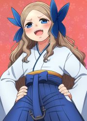 Rule 34 | 1girl, asakaze (kancolle), blue bow, blue eyes, blue hakama, bow, flat chest, forehead, from below, hair ribbon, hakama, hakama skirt, hands on own hips, highres, japanese clothes, jougenmushi, kantai collection, kimono, light brown hair, long hair, looking at viewer, looking down, meiji schoolgirl uniform, open mouth, parted bangs, ribbon, skirt, smile, solo, standing, wavy hair, white kimono