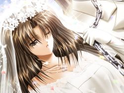 Rule 34 | 1girl, bdsm, bondage, bound, bridal veil, bride, brown eyes, brown hair, chain, couple, dress, dutch angle, femdom, flower, game cg, gloves, groom, head wreath, hetero, jewelry, leash, long hair, looking at viewer, necklace, one eye closed, open mouth, petals, riddle soft, smile, solo, solo focus, takaaki, veil, virgin bride, wedding dress, when you see it, white gloves, wink