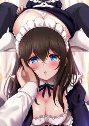 Rule 34 | 10s, 1boy, 1girl, alternate costume, ass, black ribbon, blue eyes, breasts, brown hair, cleavage, detached collar, enmaided, garter straps, hand on another&#039;s cheek, hand on another&#039;s face, highres, idolmaster, idolmaster cinderella girls, indoors, jewel (the black canvas), large breasts, lips, long hair, looking at viewer, maid, maid headdress, multiple views, panties, pants, parted lips, ribbon, sagisawa fumika, sitting, underwear, wariza, white legwear, white panties