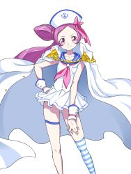Rule 34 | 1girl, absurdres, alternate costume, alternate hairstyle, anchor symbol, bridal garter, closed mouth, cure blossom, epaulettes, hanasaki tsubomi, hat, heartcatch precure!, highres, legs, looking at viewer, matatabi (karukan222), one side up, pink eyes, pink hair, pink ribbon, precure, ribbon, simple background, single thighhigh, skirt, smile, solo, standing, striped clothes, striped thighhighs, thighhighs, white background, white hat, white skirt