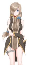 Rule 34 | 1girl, blue eyes, breasts, brown hair, dress, fingerless gloves, gloves, hair over one eye, hair over shoulder, highres, large breasts, long hair, looking at viewer, low-tied long hair, mitsugu, smile, solo, strapless, strapless dress, tales of (series), tales of the abyss, tear grants, white background