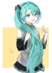 Rule 34 | 1girl, absurdres, alternate hairstyle, aqua eyes, aqua hair, aqua nails, aqua necktie, bad id, bad pixiv id, bare shoulders, black skirt, border, cc rock, collared shirt, cropped torso, dated, detached sleeves, fingernails, flat chest, grey shirt, hair between eyes, hand in own hair, hatsune miku, high ponytail, highres, light blush, nail polish, necktie, open mouth, pleated skirt, shirt, short hair, side ponytail, skirt, sleeveless, sleeveless shirt, smile, solo, square, two-tone background, very short hair, vocaloid, white border, yellow background