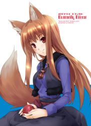 Rule 34 | 00s, 1girl, animal ears, apple, food, fruit, holding, holding food, holding fruit, holo, kanata minamino, minamino kanata, solo, spice and wolf, tail, wolf ears, wolf tail