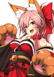 Rule 34 | 1girl, :d, animal ears, animal hands, bare shoulders, bell, bow, breasts, cleavage, collar, detached sleeves, eyebrows, fang, fate/grand order, fate (series), fox ears, gloves, hair between eyes, hair bow, hair ribbon, japanese clothes, jingle bell, kimono, large breasts, long hair, looking at viewer, looking to the side, medium breasts, noa (nagareboshi), obi, open mouth, paw gloves, pink hair, ponytail, red bow, red kimono, ribbon, sash, sidelocks, simple background, smile, solo, strapless, tamamo (fate), tamamo cat (fate), tamamo cat (first ascension) (fate), tamamo no mae (fate/extra), upper body, white background, yellow eyes