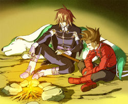 Rule 34 | 00s, 2boys, age difference, ahoge, animal, bad id, bad pixiv id, belt, bodysuit, boots, brown hair, buttons, cape, closed eyes, dog, father and son, fingerless gloves, fire, gloves, hair over one eye, jacket, knee boots, kratos aurion, lloyd irving, male focus, multiple boys, noishe, pants, profile, red eyes, red gloves, red hair, red shirt, shimabara, shirt, shoes, short hair, sio vanilla, sitting, sleeping, smile, spiked hair, stone, suspenders, sword, tales of (series), tales of symphonia, weapon
