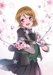 Rule 34 | 1girl, :d, black skirt, bow, bowtie, brown hair, center frills, cherry blossoms, commentary request, emia wang, formal, frills, gloves, hair ornament, hairpin, hat, highres, index finger raised, koizumi hanayo, looking at viewer, love live!, love live! school idol festival, love live! school idol project, magician, open mouth, pleated skirt, purple eyes, short hair, skirt, smile, smoke, solo, sparkle, suit, top hat, wand, white bow, white bowtie, white gloves