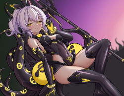 Rule 34 | 1girl, :d, azur lane, bare shoulders, black leotard, black ribbon, black thighhighs, budesonide, corruption, covered erect nipples, covered navel, dark persona, dutch angle, elbow gloves, gloves, grey hair, grin, hair ribbon, highres, javelin (azur lane), leotard, looking at viewer, open mouth, parted lips, photoshop (medium), polearm, pubic tattoo, ribbon, short hair, short ponytail, siren (azur lane), smile, solo, tattoo, tentacles, thighhighs, two-tone gloves, weapon, yellow eyes, yellow gloves