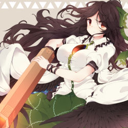 Rule 34 | 1girl, arm cannon, bird wings, black hair, black wings, bow, breasts, commentary request, fuuen (akagaminanoka), green skirt, hair bow, highres, large breasts, long hair, puffy short sleeves, puffy sleeves, red eyes, reiuji utsuho, shirt, short sleeves, skirt, smile, solo, third eye, touhou, weapon, white shirt, wings