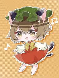 Rule 34 | 1girl, animal ears, brown eyes, brown hair, cat ears, cat girl, cat tail, chen, chibi, dress, full body, green hat, hat, highres, looking at viewer, mob cap, musical note, red dress, short hair, slowlyapple non, solo, tail, touhou