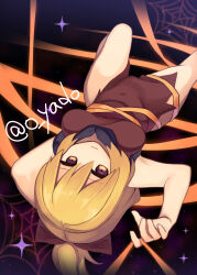 Rule 34 | 1girl, absurdres, black shirt, blonde hair, bow, breasts, brown bow, brown dress, brown eyes, closed mouth, commentary request, covered navel, dress, hair bow, highres, kurodani yamame, legs, looking at viewer, lying, medium breasts, on back, ponytail, ribbon, shirt, short hair, short sleeves, silk, smile, solo, spider web, star (sky), thighs, torn clothes, touhou, turtleneck, twitter username, yadoyuki, yellow ribbon