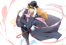 Rule 34 | 1boy, bad id, bad pixiv id, blonde hair, bowler hat, cane, gloves, hat, highres, jojo no kimyou na bouken, linjie, long coat, long hair, male focus, red eyes, robert e. o. speedwagon, scar, scarf, solo, white gloves, wink