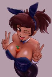 Rule 34 | 1girl, amphibia, anne boonchuy, between breasts, breasts, brown eyes, brown hair, carrot, character request, cleavage, dark-skinned female, dark skin, double v, highres, large breasts, legs, leotard, naughty face, one eye closed, playboy bunny, ponytail, rabbit ears, saliva, sexually suggestive, simulated paizuri, smile, solo, thighs, tongue, tongue out, v, wink