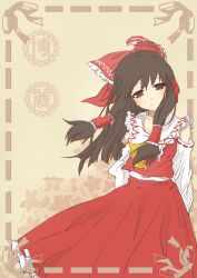 Rule 34 | 1girl, arms behind back, ascot, ashzone harumichi, bare shoulders, blush, border, brown eyes, brown hair, detached sleeves, dress, frilled dress, frills, hair tubes, hakurei reimu, highres, light smile, long hair, looking at viewer, nontraditional miko, ribbon-trimmed clothes, ribbon-trimmed sleeves, ribbon trim, simple background, smile, solo, touhou