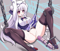 Rule 34 | 1girl, anus, arms up, azur lane, bdsm, beads, beret, blush, bondage, bound, bound wrists, bow, bowtie, braid, braided bun, breasts, brooch, buttons, chain, choker, cleavage, clothes lift, collarbone, cygnet (azur lane), cygnet (retrofit) (azur lane), dildo, double bun, dress shirt, garter belt, hair beads, hair bun, hair ornament, hair ribbon, hat, high heels, highres, hook, jewelry, kanabuso, knees up, large breasts, light purple hair, long hair, long sleeves, lying, nervous, no panties, open mouth, pendant, plaid, plaid skirt, purple bow, purple eyes, purple footwear, purple ribbon, purple skirt, pussy, retrofit (azur lane), ribbon, sex machine, sex toy, shirt, sketch background, skirt, skirt lift, solo, spread legs, sweat, taut clothes, taut shirt, thighhighs, unfinished, very long hair, white hair, winged footwear