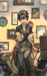 Rule 34 | 1girl, androgynous, beige coat, belt, belt pouch, black hair, coat, commentary, english commentary, flower, fur hat, goggles, goggles on headwear, hat, hermes (kino no tabi), highres, holding, holding flower, jacket, kino (kino no tabi), kino no tabi, long sleeves, looking at viewer, mito itsuki, motor vehicle, motorcycle, open clothes, open coat, painting (object), pants, parted lips, pouch, red flower, reverse trap, short hair, solo