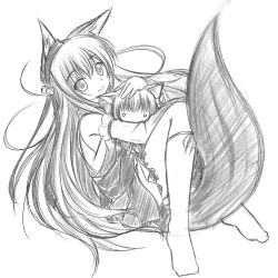 Rule 34 | 1girl, animal ears, bell, fox ears, fox tail, greyscale, highres, jingle bell, long hair, looking at viewer, minaha (playjoe2005), monochrome, original, simple background, sketch, smile, solo, tail, tamani wakashi, very long hair, white background
