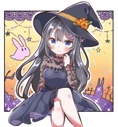 Rule 34 | 1girl, absurdres, black dress, black hair, black hat, blue eyes, blush, breasts, closed mouth, commentary request, crossed legs, dress, flower, ghost, hair between eyes, hair ornament, hairclip, hand up, hat, hat flower, highres, jako (jakoo21), long hair, long sleeves, looking at viewer, orange flower, pleated dress, rabbit hair ornament, sakurajima mai, seishun buta yarou, sitting, sleeves past wrists, small breasts, smile, solo, sparkle, star (symbol), very long hair, witch hat
