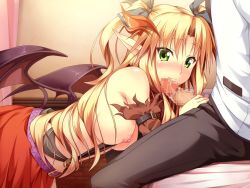 Rule 34 | 1girl, blonde hair, blush, breasts, censored, erect!, game cg, green eyes, long hair, nipples, penis, piromizu, pointy ears, solo, tail, tiana jill lilithtia, wings