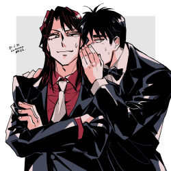 Rule 34 | 2boys, artist name, black bow, black bowtie, black eyes, black hair, black jacket, bow, bowtie, closed mouth, collared shirt, commentary request, crossed arms, dated, grey background, hand on another&#039;s shoulder, highres, ichijou seiya, jacket, kaiji, long hair, long sleeves, looking at viewer, male focus, medium bangs, multiple boys, murakami tamotsu, necktie, red hair, red shirt, shirt, short hair, smile, two-tone background, unknown03162, upper body, whispering, white background, white necktie, white shirt