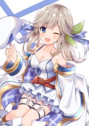 Rule 34 | 1girl, ;d, belt, belt buckle, beret, blue eyes, blue ribbon, blush, boots, breasts, brown belt, brown footwear, brown hair, buckle, camisole, cleavage, cola, commentary request, cucouroux (granblue fantasy), granblue fantasy, green ribbon, hair between eyes, hair ribbon, hat, jacket, long hair, long sleeves, looking at viewer, medium breasts, off shoulder, omuretsu, one eye closed, open clothes, open jacket, open mouth, plaid, plaid ribbon, pleated skirt, ribbon, sitting, skirt, smile, solo, white camisole, white hat, white jacket, white skirt, wide sleeves