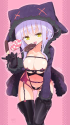 Rule 34 | 1girl, animal hat, black gloves, black thighhighs, blush, breasts, candy, cat hat, character name, chocolate banana, cleavage, clothing cutout, covered erect nipples, crotch cutout, earrings, food, garter belt, garter straps, gloves, hat, heart, heart cutout, heart earrings, highres, homura subaru, hood, hoodie, jewelry, large breasts, leaning forward, licking, lillian (homura subaru), lillian ljungstrom, lollipop, long hair, looking at viewer, navel, original, pasties, pinky out, purple hair, smile, solo, star (symbol), star pasties, thighhighs, tongue, tongue out, yellow eyes
