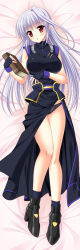 Rule 34 | 1girl, bed sheet, blush, book, boots, breasts, covered erect nipples, dakimakura (medium), dress, endori, fingerless gloves, gloves, highres, large breasts, long hair, long image, lying, lyrical nanoha, mahou shoujo lyrical nanoha, mahou shoujo lyrical nanoha a&#039;s, mahou shoujo lyrical nanoha the movie 2nd a&#039;s, on back, panties, reinforce, silver hair, single hair intake, socks, solo, tall image, tome of the night sky, underwear