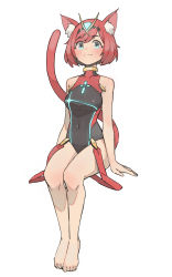 Rule 34 | 1girl, absurdres, animal ears, bare arms, black one-piece swimsuit, blue eyes, breasts, cat ears, cat girl, collarbone, comic, commission, competition swimsuit, covered navel, earrings, gem, headpiece, highres, jewelry, kiritzugu, large breasts, looking at viewer, nintendo, one-piece swimsuit, pyra (pro swimmer) (xenoblade), pyra (xenoblade), red eyes, red hair, short hair, simple background, smile, solo, swept bangs, swimsuit, tiara, white background, xenoblade chronicles (series), xenoblade chronicles 2