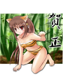 Rule 34 | all fours, animal ears, animal print, bikini, brown hair, cat ears, fang, highres, little busters!, long hair, natsume rin, new year, paw pose, ponytail, rayhwang, red eyes, solo, swimsuit, tiger print