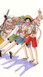 Rule 34 | 1girl, 4boys, absurdres, bare legs, black hair, breasts, casual, dress, fengcheche, grin, hair rings, happy, hat, headphones, highres, holding, holding weapon, horns, hug, long hair, medium breasts, monkey d. luffy, multicolored hair, multiple boys, oda eiichirou (style), official style, one piece, one piece film: red, short hair, shorts, simple background, smile, tony tony chopper, trafalgar law, two-tone hair, usopp, uta (one piece), very long hair, weapon, white dress, wide hips